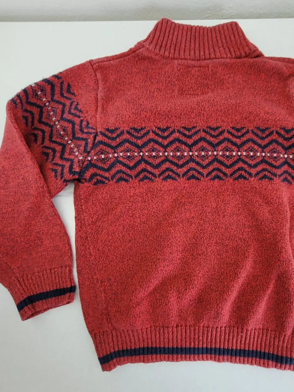 Vintage OshKosh Sweater Boys 8 Red 100% Cotton Knit Fair Isle Button Mock Neck